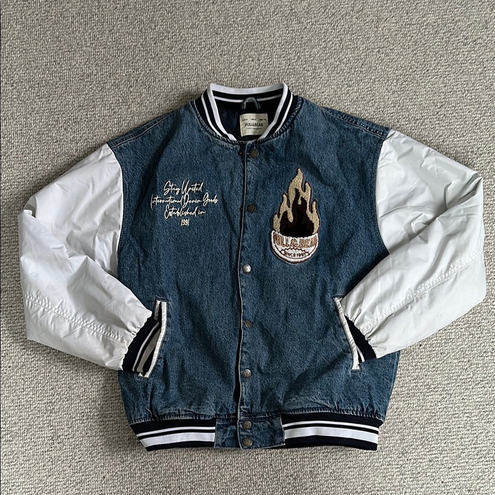 Pull &Bear Denim Varsity Jacket with White waterproof Sleeves